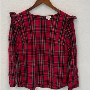 J Crew Red and Black Plaid Ruffle Top